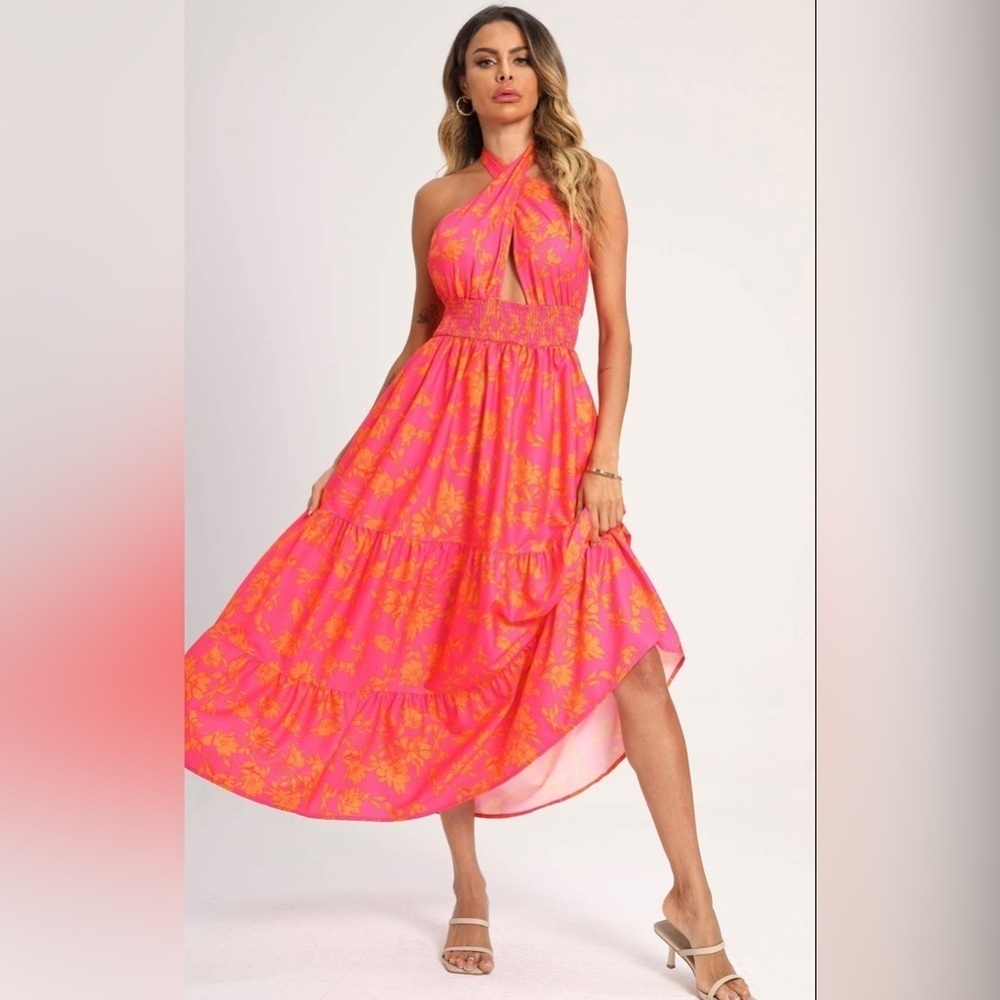 FS Collection women's halter crisscross tie back maxi dress in fuchsia pink